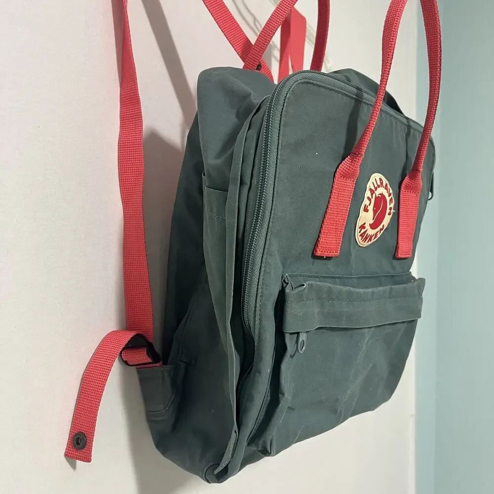 Fjallraven Kanken Classic Canvas Backpack Green 16L Orange Straps Handles Hiking